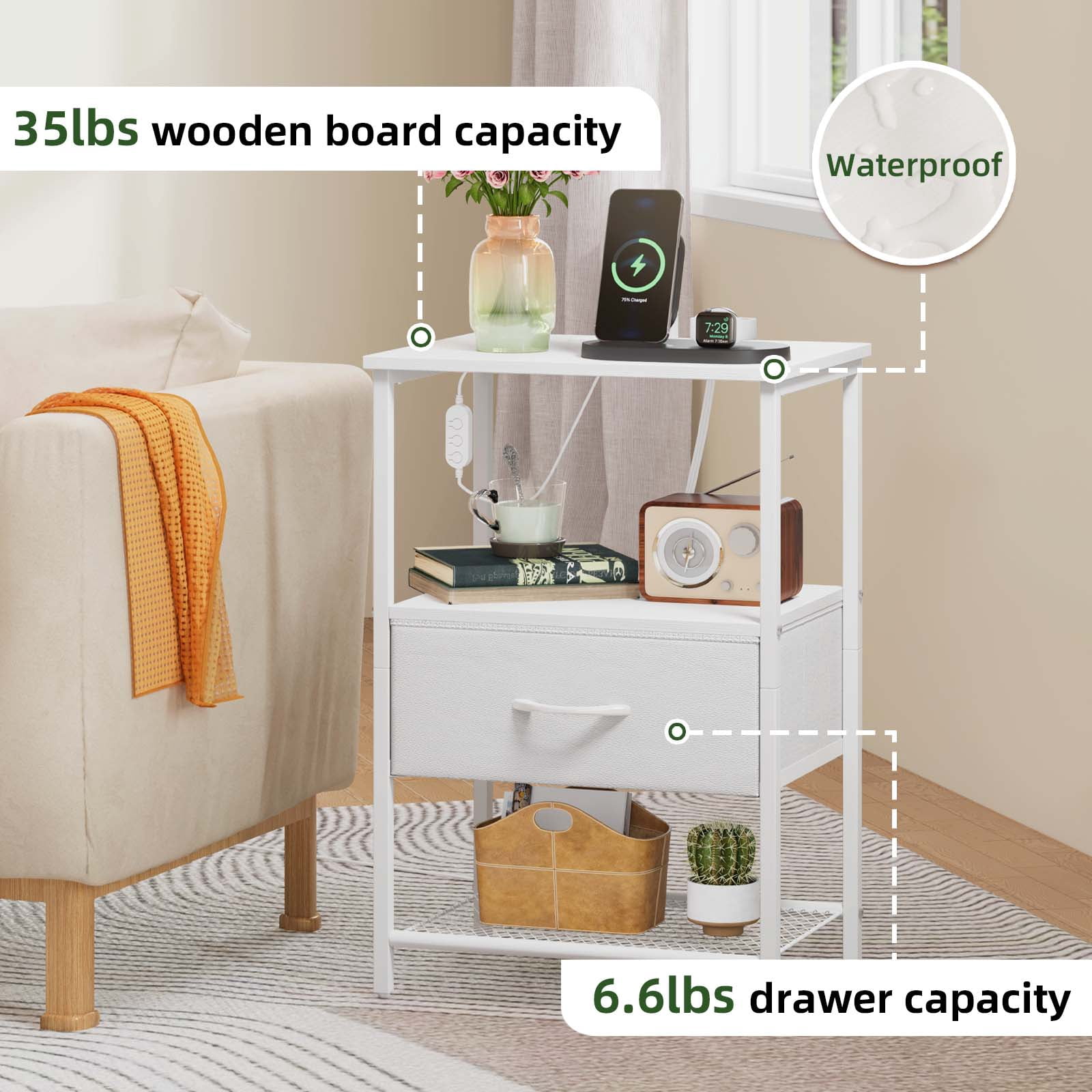 Eunos White Small Nightstand Set of 2 with Charging Station, LED and Storage Shelfs for Bedroom, Living Room