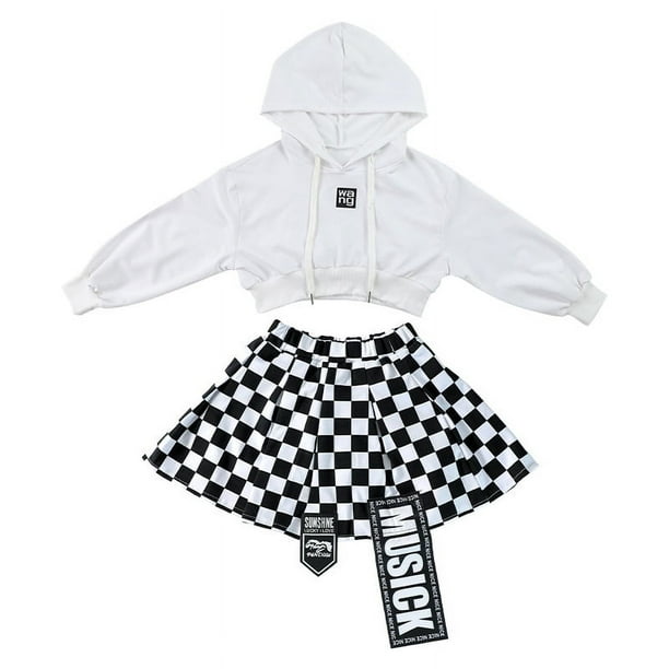 Ropa de espectáculo de baile callejero de hip-hop y jazz de ombligo para niñas, falda a cuadros, ropa para niños, ropa de espectáculo de baile de jazz para niñas, ropa de moda.