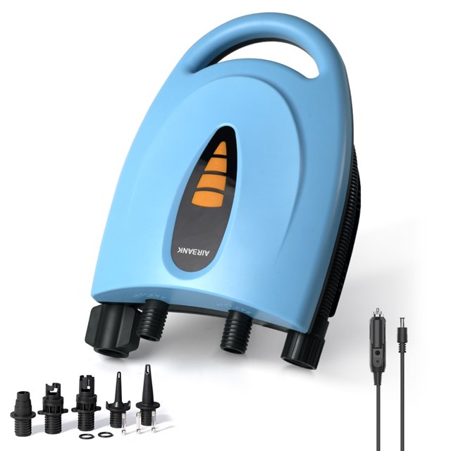 AIRBANK Bomba de aire de 12V CC, bomba de aire portátil de doble etapa de 18PSI con 5 uds. De boquillas de aire, bomba inflable totalmente compatible con inflado y desinflado AIRBANK Inflador eléctrico