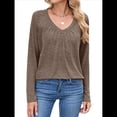 thumbnail image 2 of Camisetas de Larga para Mujer, Cuello en V, Suaves, Básicas, Holgadas, Informales, Moda de Otoño. Café S, 2 of 10