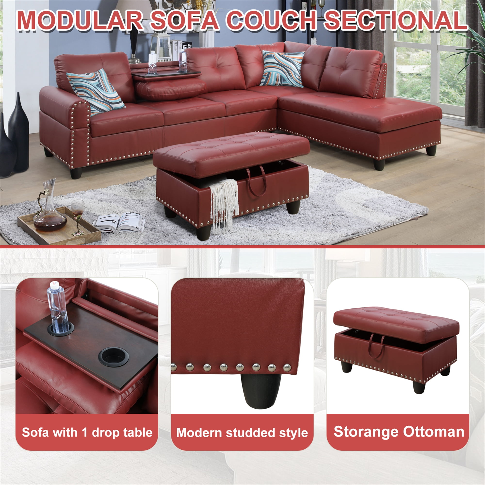 Aukfa 96" Leather Sectional Sofa with Storage Ottoman for Living Room, 2 Cup Holders, Right Facing Chaise, Red