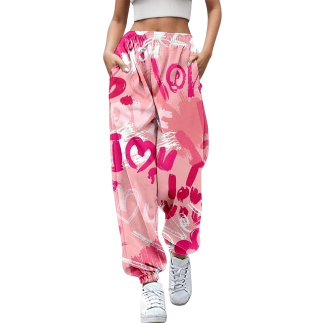 Pantalons Décontractés pour Femmes Mode Décontractée Saint-Valentin Imprimé Amusant Taille Élastiquée Survêtement Pantalons de Survêtement pour Femmes Rouge Melon D\'eau TG