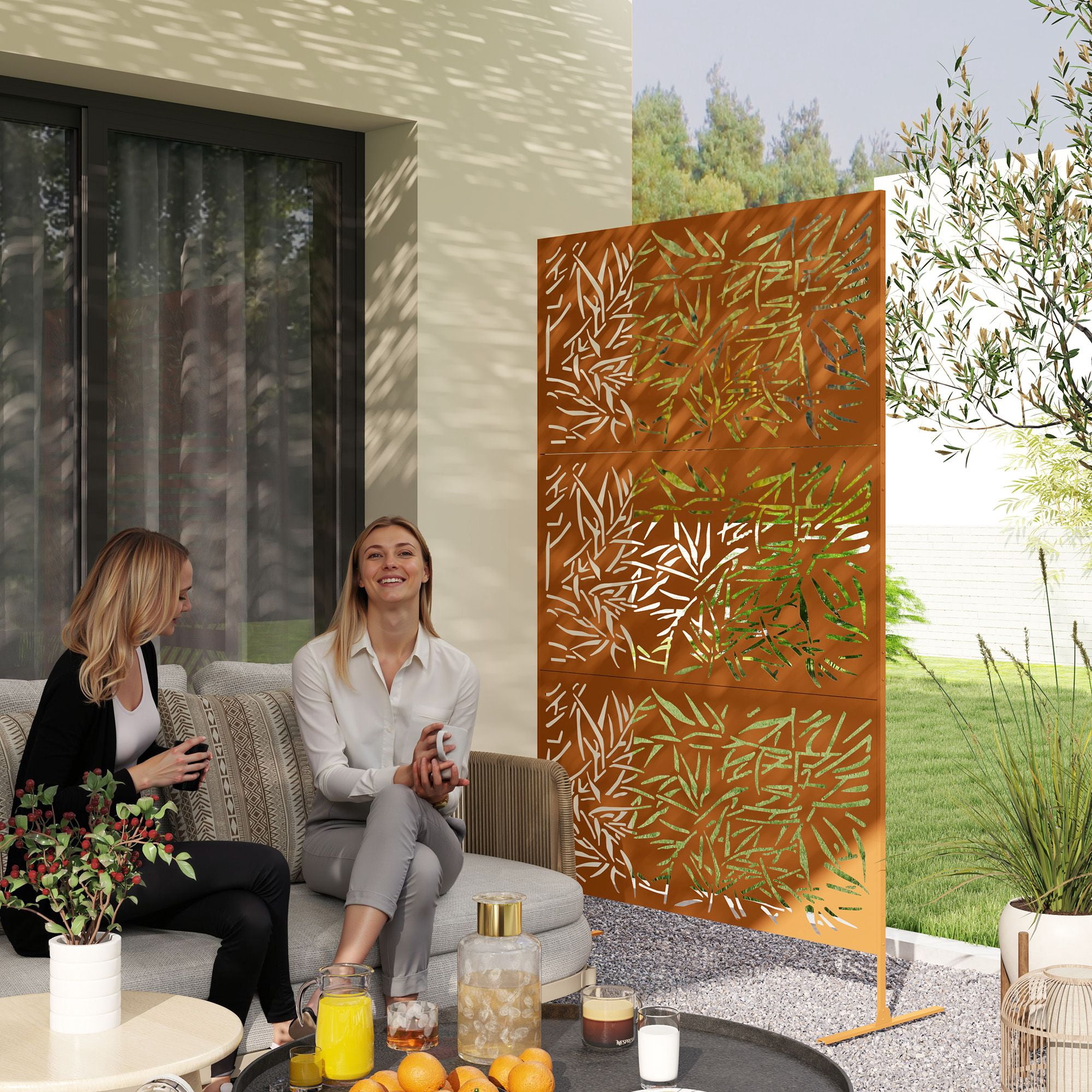 Alvantor Freestanding Metal Bamboo Brown Privacy Screen - Outdoor Decorative Divider