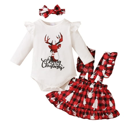 

Kucnuzki 0 Months Baby Girls Halloween Skirt Sets 3 Months Long Sleeve Christmas Elk Prints Romper Tops Supsender Flowing Skirt Headband 3PCS Set White