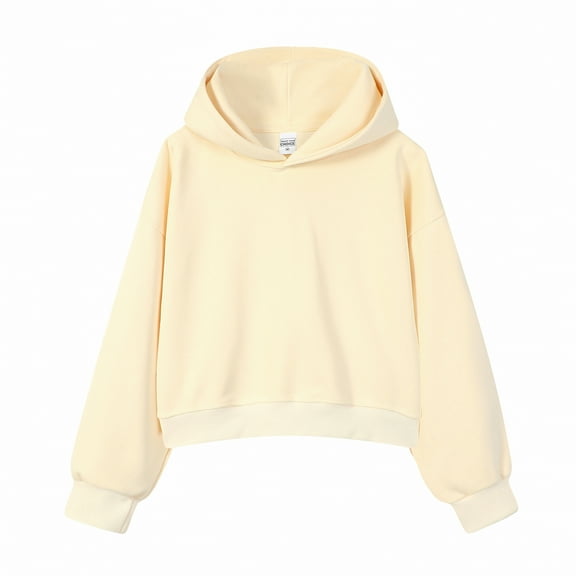 Women’s Casual Cotton Hoodie, Solid Color Loose Fit Long Sleeve Pullover Sweatshirt, Lightweight Short Style Top Beige