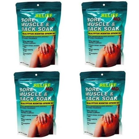 Relief Sore Muscle and Back Soak, Eucalyptus Epsom Salt, Pack of 4, Four Pack, 16 oz. resealable bag By Relief