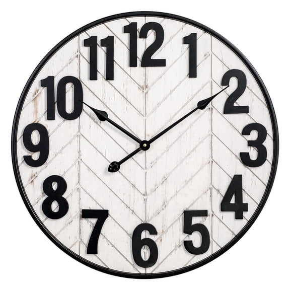 MODE HOME Rustic Wooden 24 inch Large Wall Clock, Silent Battery Operated for Living Room Kitchen Bedroom, Whitewashed