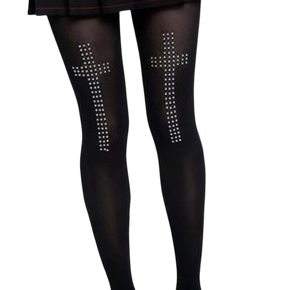 Yokua Gothic Rhinestones Crosses Pattern Black Tights Breathable Everyday Leggings