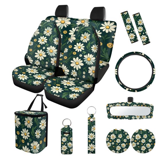 LedBack Daisy Print Automotive Seat Covers & Accessories Full Set of 13 Universal Car Front and Rear Seat Covers with Steering Wheel Cover Safety Belt Pads Inside Rearview Mirror Cover, etc