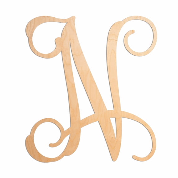 19.5 In. Letter N, Unfinished Calligraphy Vine Monogram Wood Letter. For your DIY Decor such as Door Hanger, Wall Decor, Alphabet for Birthday, Wedding, Baby Shower, Nursery (N)