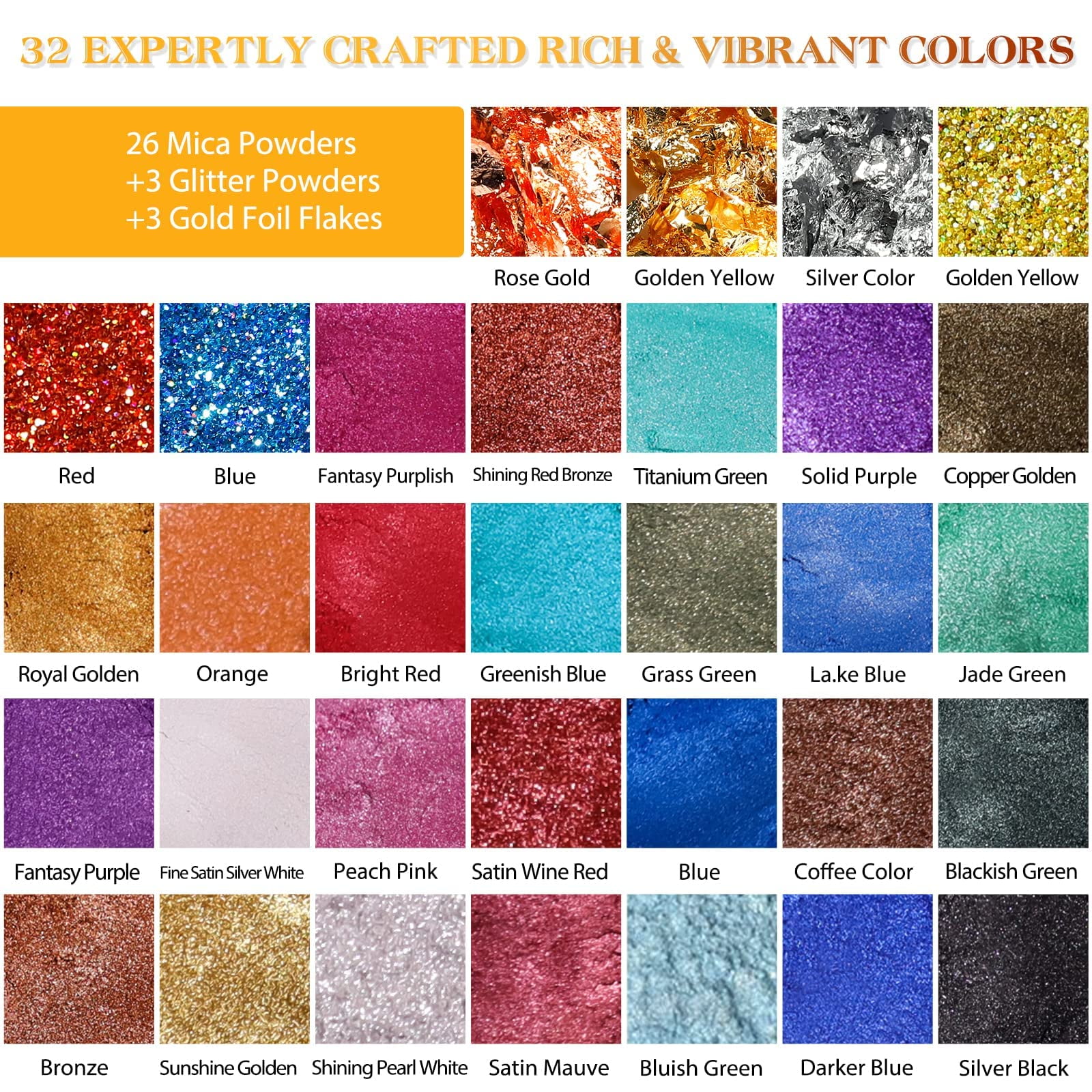 SEISSO Mica Powder-32 Colors Shimmery Mica Pigments in Jars, Natural Resin Epoxy Glitter Powder for Soap Making, Bath Bomb, Lip Gloss, Nail Polish, Slime Set(5g/0.18oz Each Color)