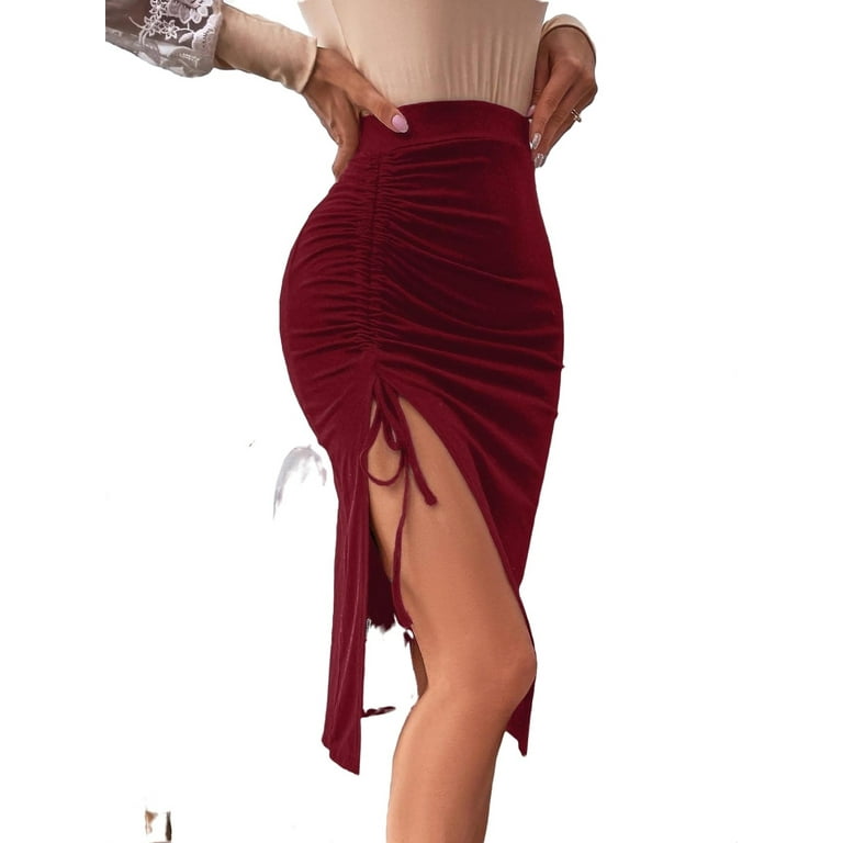 Women s Casual Drawstring Side Split Thigh Midi Skirt S Walmart