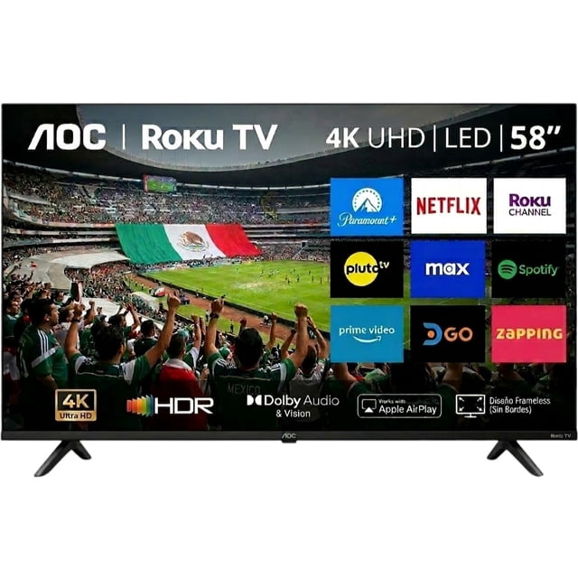 AOC Televisor LED 58 Pulgadas 4K UHD LED, Roku TV Integrado, Dolby Audio, Wi-Fi, HDMI, USB, Apple AirPlay
