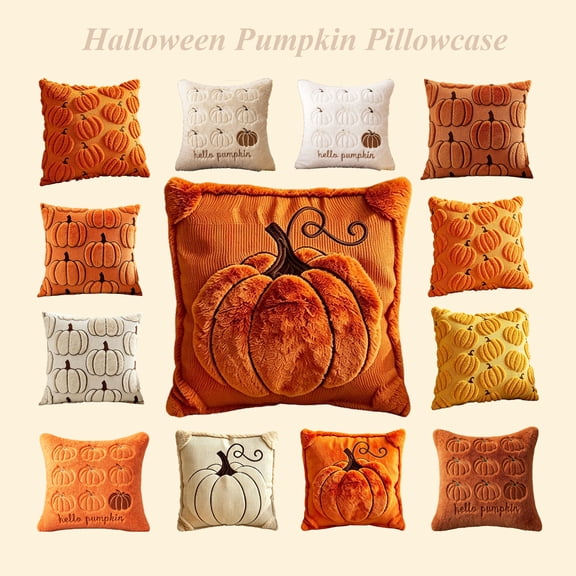 PoyoKee Fall Pillow Covers 18x18, Halloween Pumpkin Corduroy Throw Pillow Covers, Embroidered Pillowcase for Sofa Thanksgiving Halloween Indoor Decor