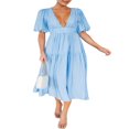 thumbnail image 1 of AMERTEER Femmes Profonde V Maxi Robe d'Été Casual Manches Courtes Plissée Taille Haute LongBeach Flowy Robes, 1 of 9