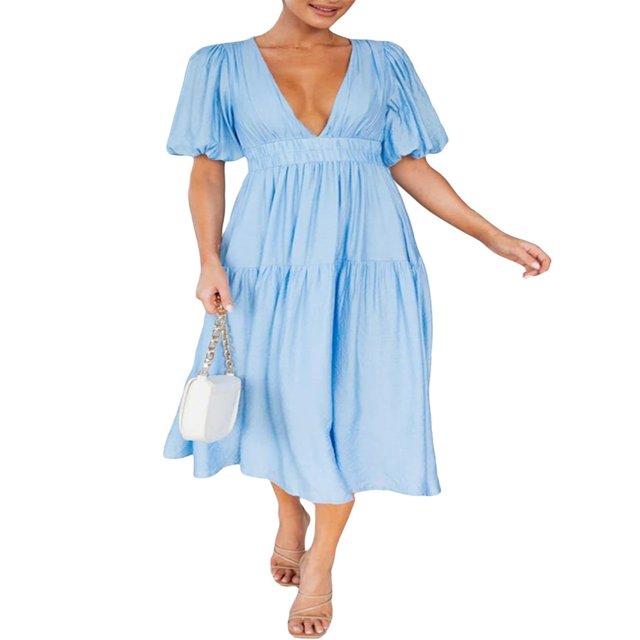 AMERTEER Femmes Profonde V Maxi Robe d'Été Casual Manches Courtes Plissée Taille Haute LongBeach Flowy Robes