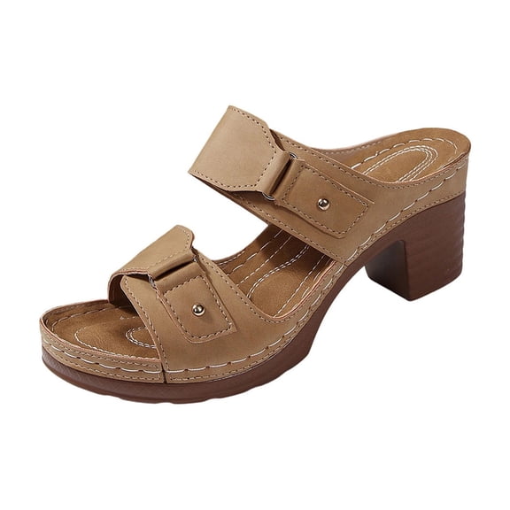 FRSASU Women's Stretch Fit Sandals Chunky Heel Toe Adjustable Straps Solid Color Sandals Platform Heels for Women Khaki