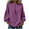 thumbnail image 2 of Xdegoge Linen Blouse for Women Crewneck Puff Long Sleeve Pleated Front Loose Fit Casual Flowy Lightweight Breathable Spring Fall Fashion Work Office Dressy Solid Texture Tops, 2 of 6