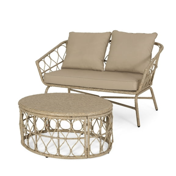 GDF Studio Colmar Outdoor Wicker Loveseat and Coffee Table Set with Cushions, Light Brown and Beige