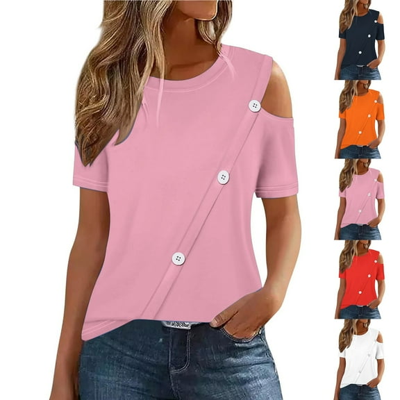 Inverlee Womens Button Up Shirts Casual Cold Shoulder Short Sleeve Tops Dressy Casual Loose Fit Solid Color T Shirts Classic Elegant Tunic Blouse Summer Fashion