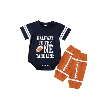 

Baby Boys Summer Casual Romper Short Sleeve O Neck Letter Rugby Print Playsuit with Leg Warmers
