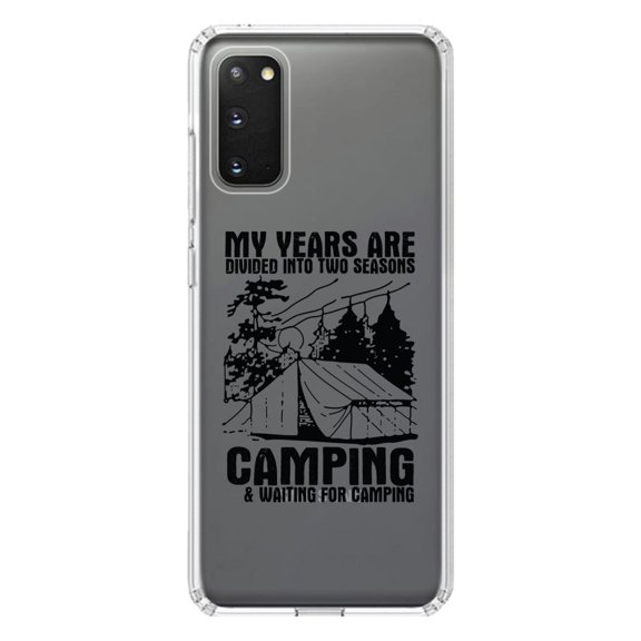 DistinctInk Clear Shockproof Hybrid Case for Galaxy S20 / S20 5G (6.2" Screen) - TPU Bumper Acrylic Back Tempered Glass Screen Protector - Two Seasons - Camping, Waiting for Camping