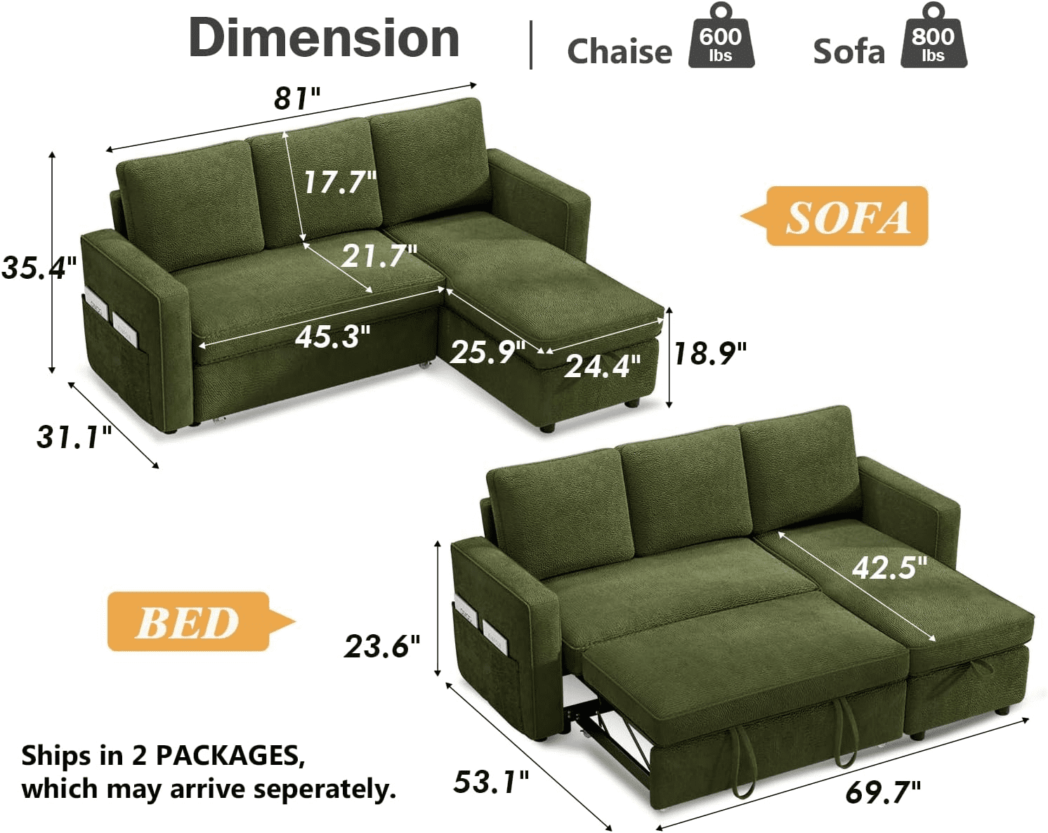 Vipbear 81" Sleeper Sofa Bed with Pull Out Bed, L Shaped Couch Sectional Sleeper Sofa, Pull Out Couch with Reversible Storage Chaise, Side Pockets, Chenille Green