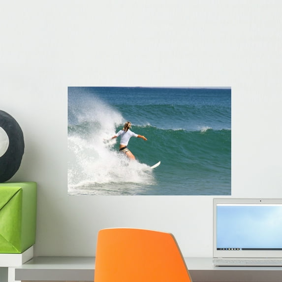 Girl Surfer Wall Mural Decal by Wallmonkeys Vinyl Peel and Stick Graphic (18 in W x 12 in H)