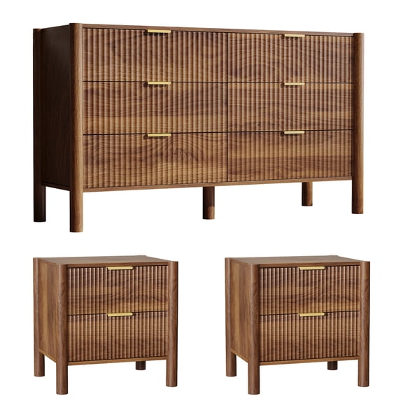 3 Piece Bedroom Set，6-drawer Dresser And 2 Nightstands, Brown
