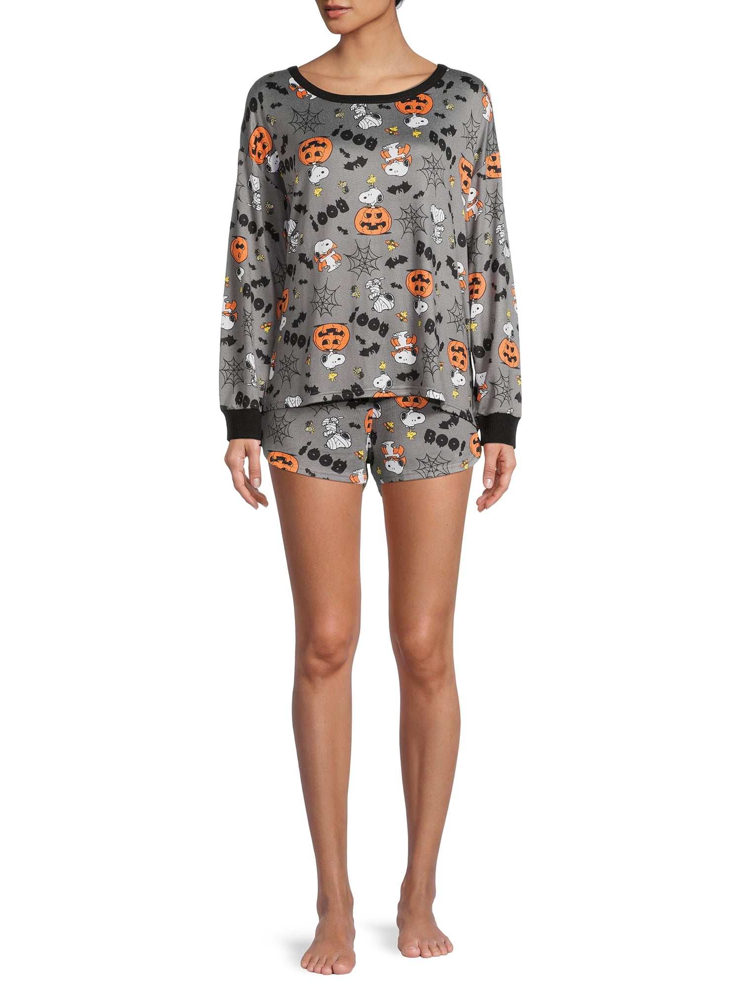 Peanuts Long Sleeve Round Neck Graphic Print Pajamas (Women's or Women's Plus) 2 Piece Set