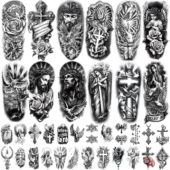 Yazhiji 77 Sheet Christian Temporary Tattoo Adult Men Women Kids Religious Jesus Cross God Christ Catholic Realistic Half Sleeve Fake Tattoos Stickers