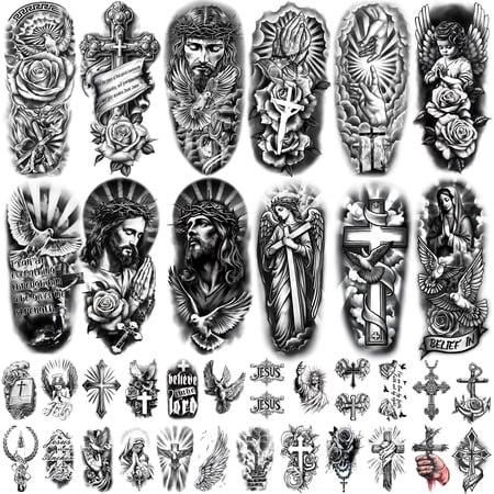 Yazhiji 77 Sheet Christian Temporary Tattoo Adult Men Women Kids Religious Jesus Cross God Christ Catholic Realistic Half Sleeve Fake Tattoos Stickers