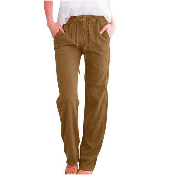 zfwon Womens Trousers Summer Casual Baggy Cotton Linen Pants Drawstring Elastic Waist Pants With Pockets Loose Fit Lightweight Comfy Straight Leg Trousers for Women