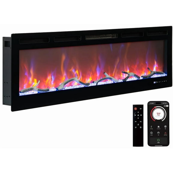 60" Wall-Mounted Electric Fireplace - Recessed Fireplace Heater with Remote, 12 Flame Colors, 1500 W, 5,120 BTU, Touch Screen & App Control for Modern Homes
