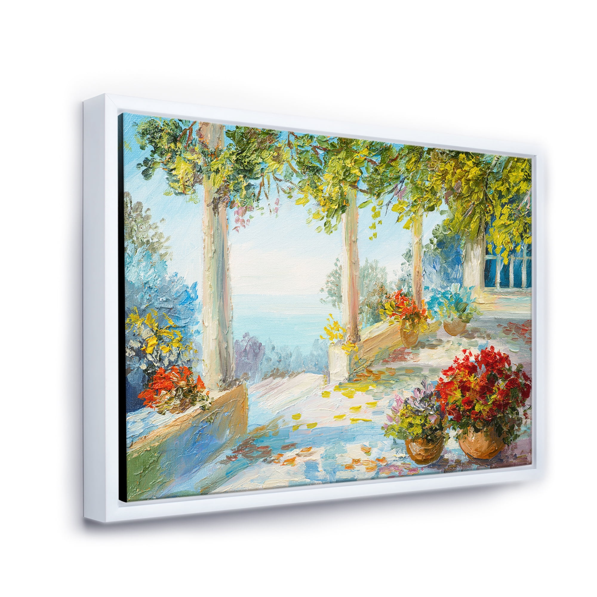 Designart 'Terrace With Red Flowers Near The Sea' Nautical & Coastal Framed Canvas Wall Art Print