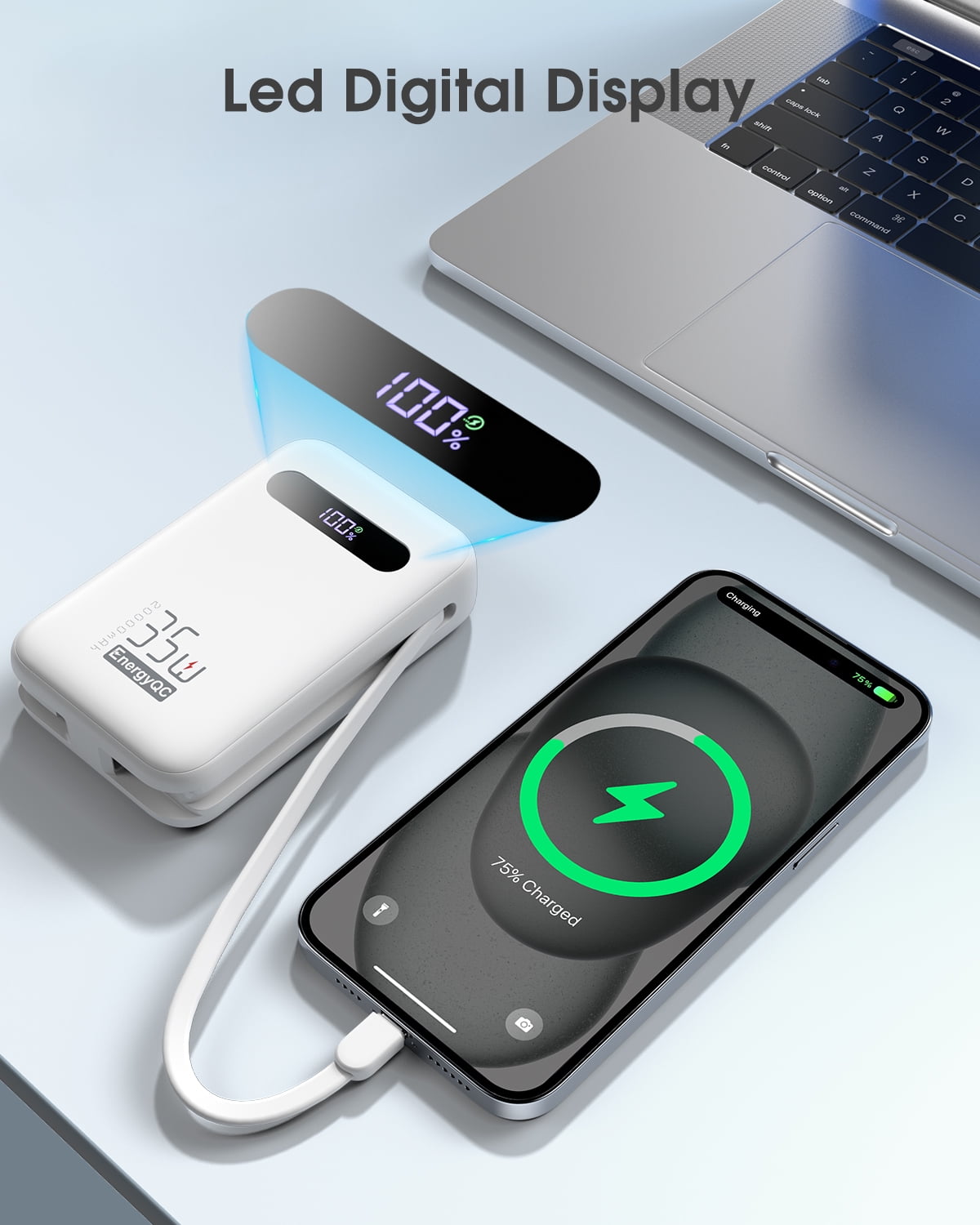 EnergyQC 20,000mAh Power Bank – 35W PD 3.0 & QC 4.0 Fast Charging Portable Charger with Built-in Lightning & USB-C Cables, White
