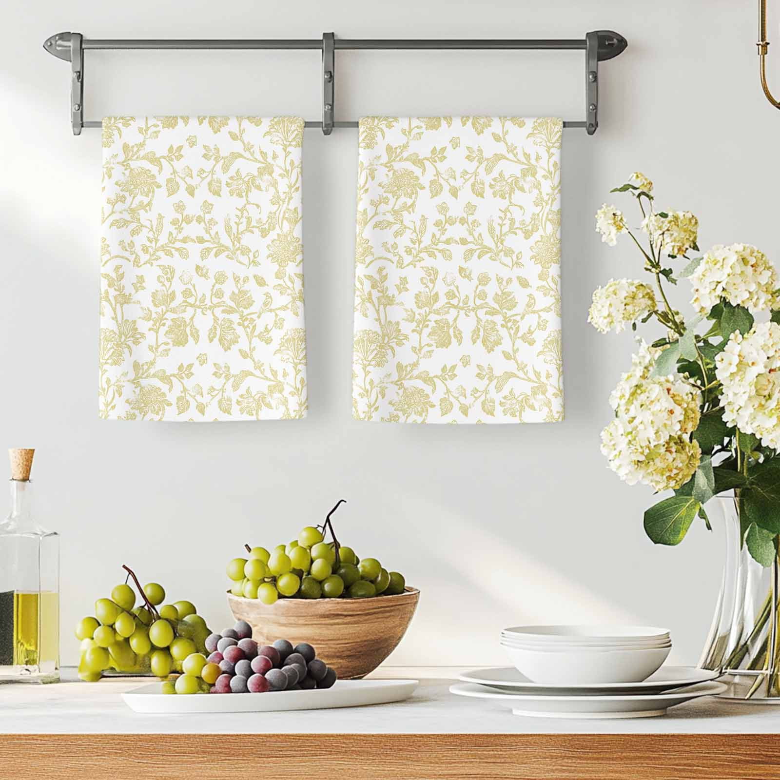 Dish Towels, Yellow Pastoral Flower Absorbent Kitchen Towels 2 PCS, Farmhouse Floral Microfiber Hand Towels Dish Cloths Tea Towels for Home&nbsp;Bathroom Cleaning Drying,18X28-Inch,