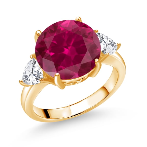 Gem Stone King 18K Yellow Gold Plated Silver Red Created Ruby 3-Stone Ring for Women (8.54 Cttw, Round 12MM, Trillion 5MM, Size 6)