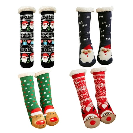 

4 Pair Cartoon Christmas Thicken Socks Warm Stockings Household Middle Tube Socks Christmas Gift (Green Elk Black Santa Claus