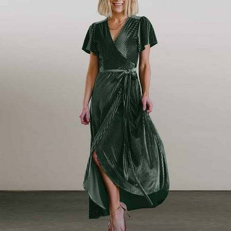 

cllios Women Fashion Summer Strip V-Neck Short Sleeve Solid Color Party Formal Long Dress for Women 2022