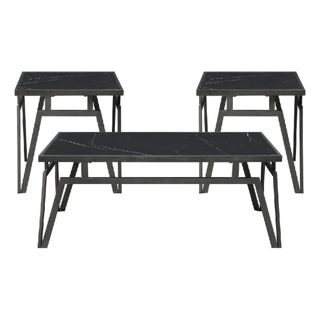 Howie Ensemble de 3 Pcs Table Basse et Bout de Canapé - Pierre Frittée Noire - Bronze