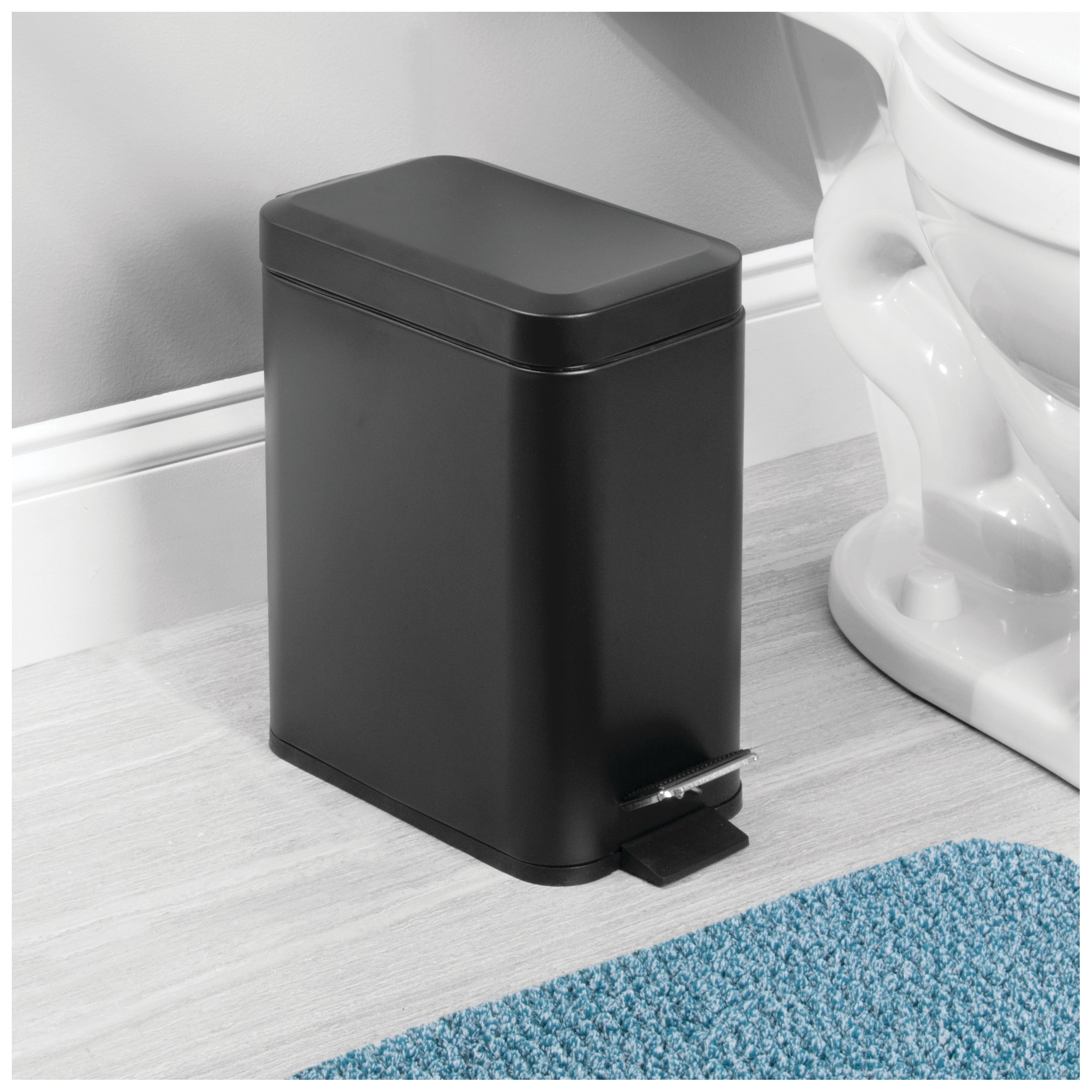 iDesign Rectangular Compact 1.3 Gallon Bathroom Step Trash Can - Perfect for Primary Bathrooms, Guest Baths, and Powder Rooms - Matte Black