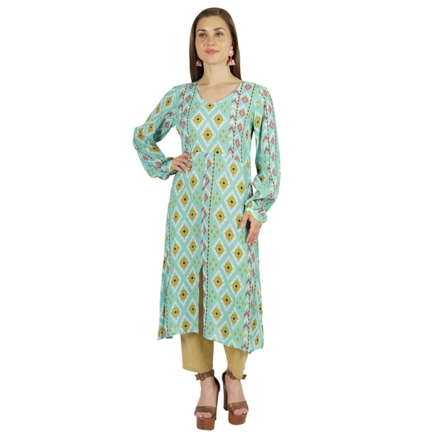 Moomaya Kurti à Manches Longues Imprimé pour Femmes en Rayonne Froissée Blouse Ethnique Indienne