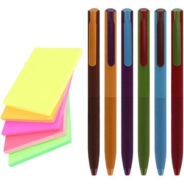 czcpp-5-Pad Color Reusable Adhesive-Free Electrostatic Sticky Notes (3x3 inches, 80 Sheets per Pad) Along with a Set of 6 Pieces of 0.5mm Retractable Colorful Ink Fine Tip Pens- Fluorescent Color