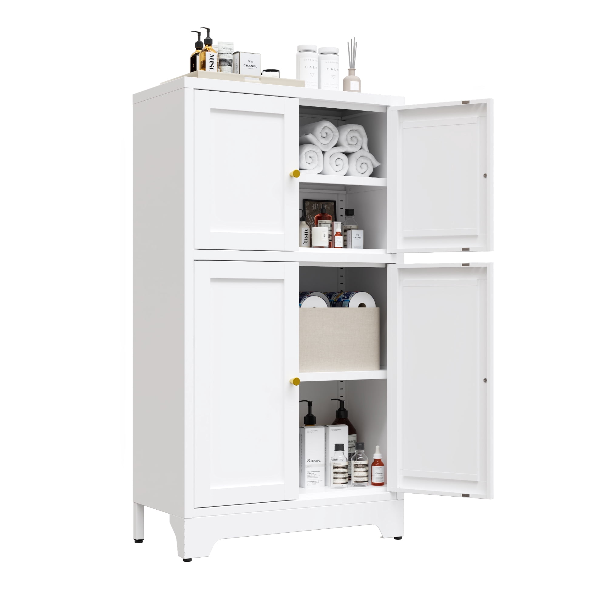 Elegant Bathroom Floor Cabinet,Metal Storage Cabinet,Sideboard with 4 Doors,Modern Metal Storage Locker for Bathroom,Living Room,Entryway,White