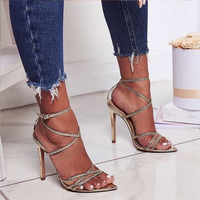 Zapatos de tacón alto para mujer, zapatos con cordones cruzados de verano, sandalias sexis doradas brillantes a la moda Wmkox8yii hfjk2963
