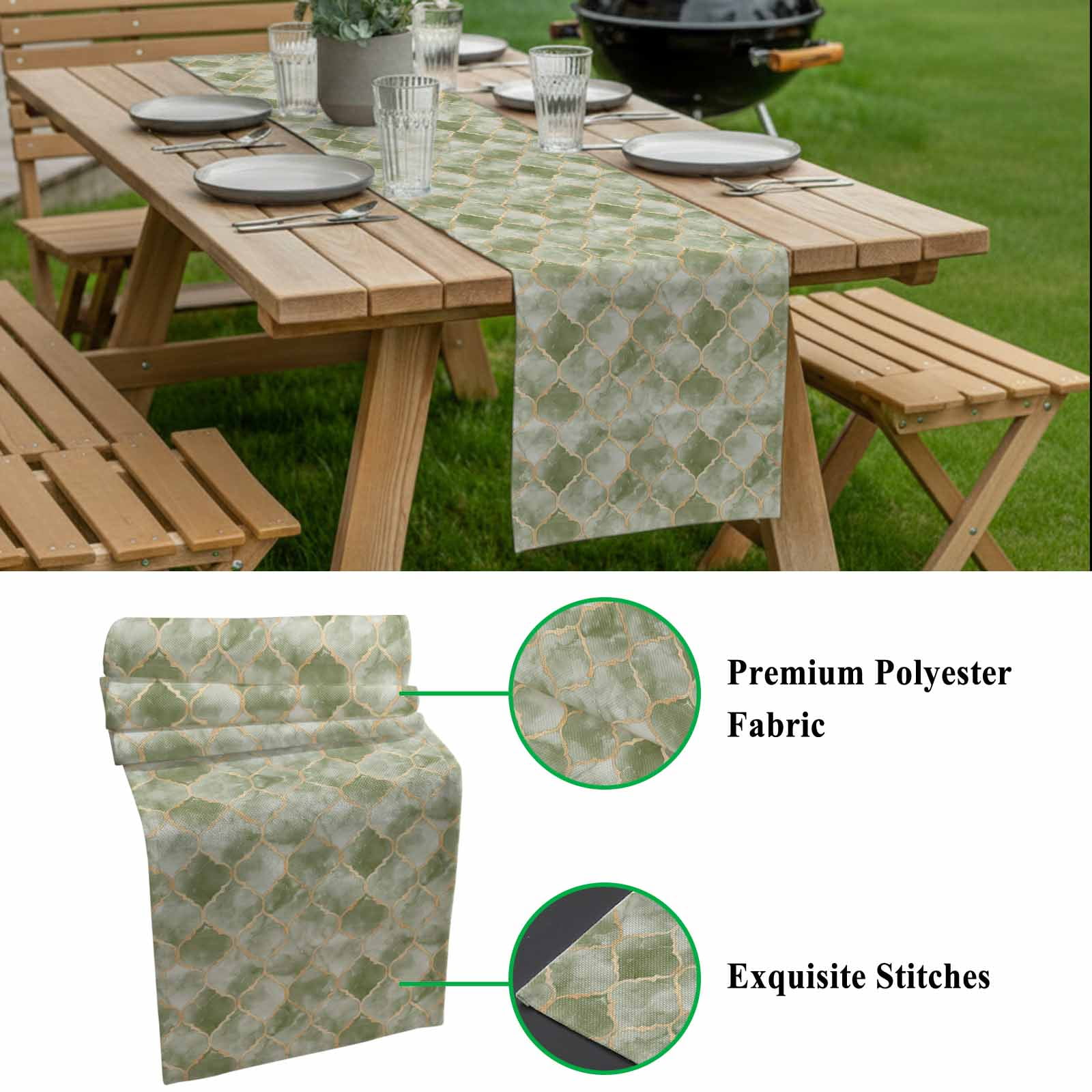 Sage Green Morocco Table Runner 13x108 inch Abstract Marble Solid Color Gold Cotton Linen Dining Table Runner Ideal for Dresser Kitchen Coffee Tables - Machine Washable