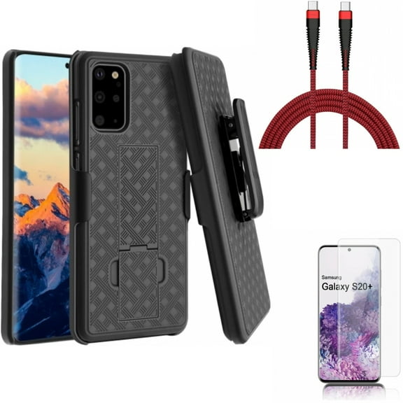 Case Belt Clip w Screen Protector w 10ft PD Cable for Samsung Galaxy S20 Plus - Holster Swivel Cover, Tempered Glass [Fingerprint Unlock] 3D Curved Edge, Type-C to USB-C Charger fits Galaxy S20 Plus