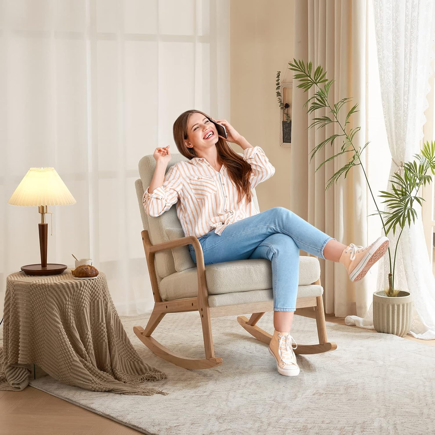 Nursery Rocking Chair Removable Glider Rocker High Backrest Rocking Armchair Mid-Century Accent Chair with Lumber Pillow for Bedroom, Living Room, Nursery, Creamy-White
