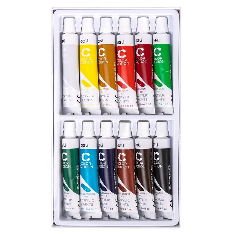 Deli Acrylic Paint Set of 12 Colors Craft Paint Supplies for Canvas Painting  Wood Fabric Rich Pigments Paints for Artists Hobby Painters 